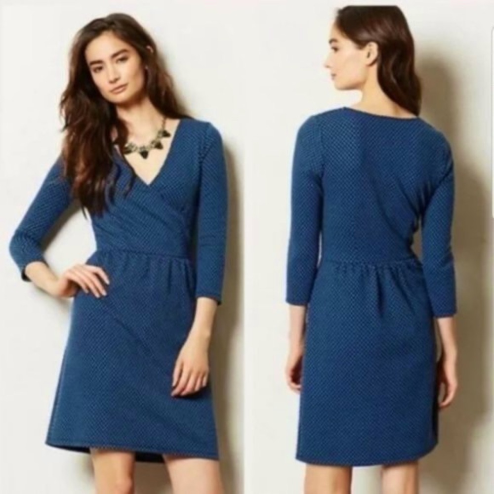 HD in Paris Blue Dress 3/4 sleeve faux wrap XS